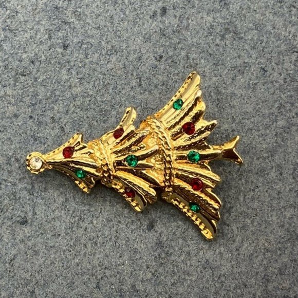 Christmas Pin Brooch Tree Gold Detailed Rhinestone Topper Green Red Ornaments - Picture 6 of 8